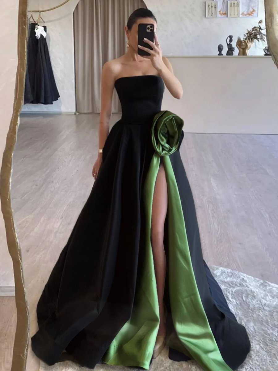 Vanora | Black Strapless Satin Long Prom Dress With High Split