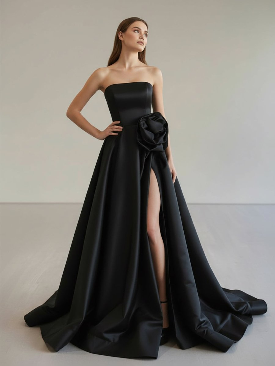 Vanora | Black Strapless Satin Long Prom Dress With High Split
