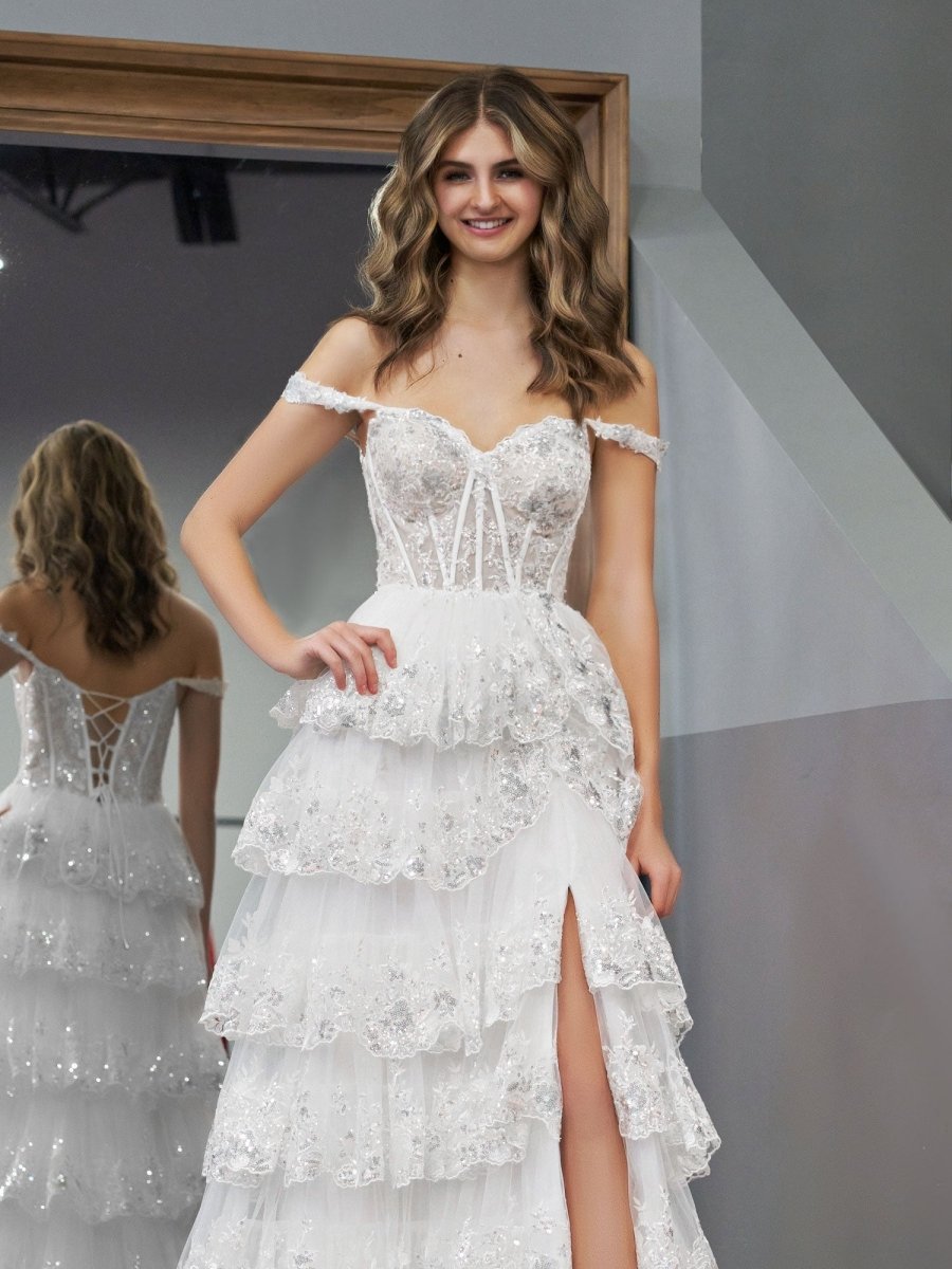 Capri | A-Line Lace Off-the-Shoulder Tiered Long Prom Dress with Slit