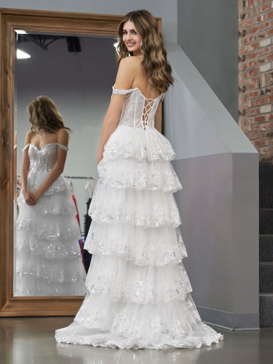 Capri | A-Line Lace Off-the-Shoulder Tiered Long Prom Dress with Slit