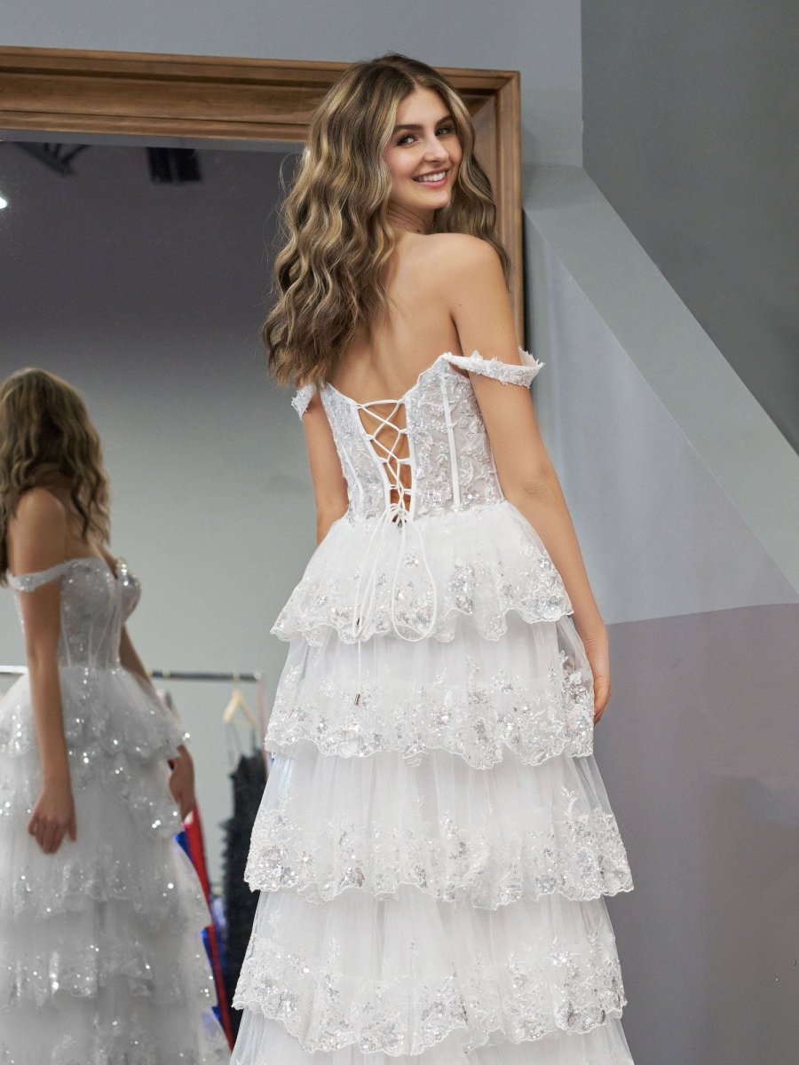 Capri | A-Line Lace Off-the-Shoulder Tiered Long Prom Dress with Slit