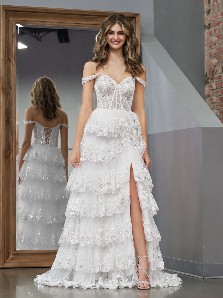 Capri | A-Line Lace Off-the-Shoulder Tiered Long Prom Dress with Slit