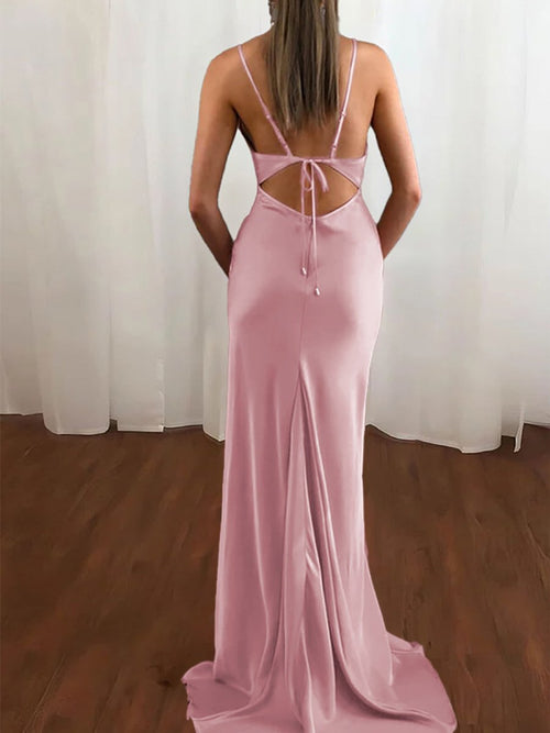 Zoe | Pink Spaghetti Straps Satin Mermaid Prom Dress